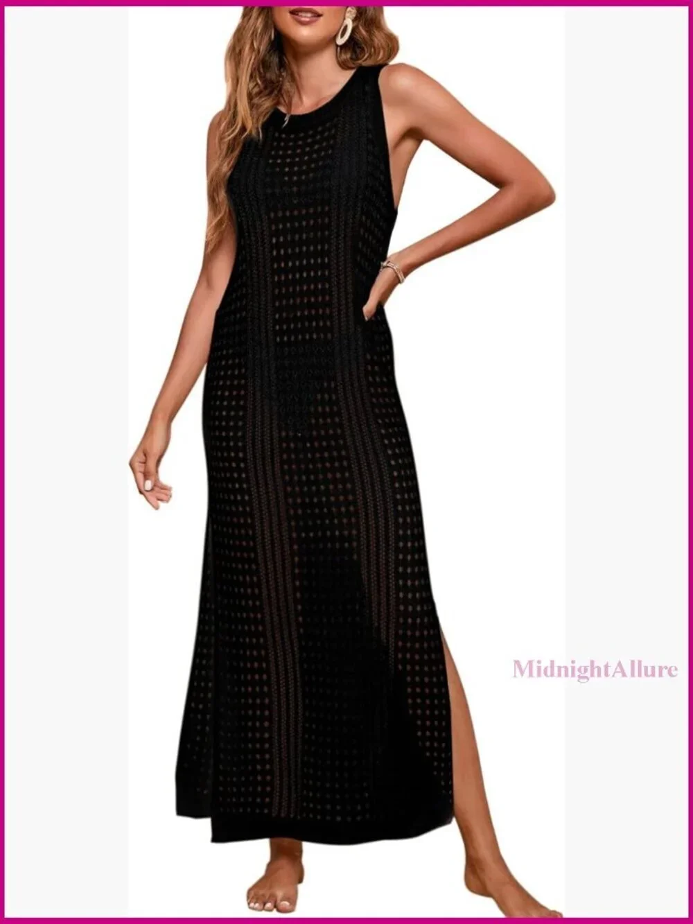 Crochet Beach Cover Up Dress Sleeveless Side Split Hollow Out Polyester